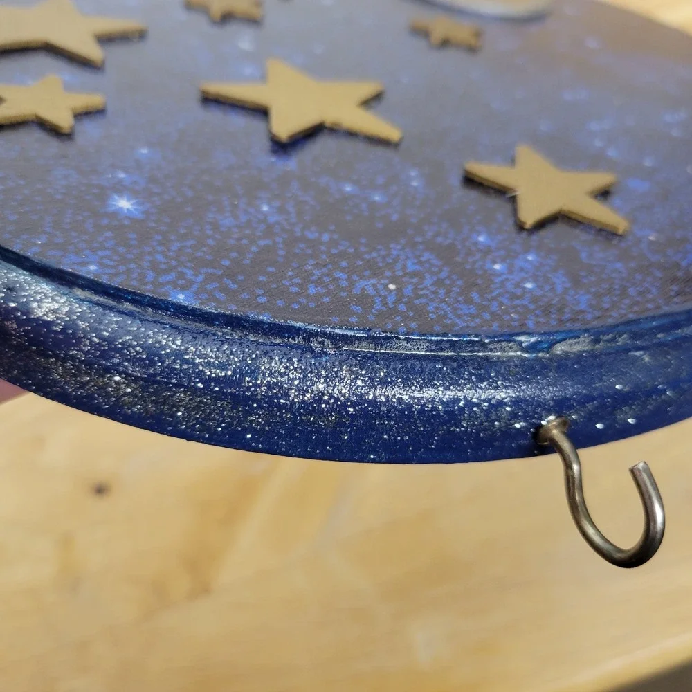 Celestial‎ Star & Moon Oval Wood Key Holder 10x8 Blue Shimmer 3D